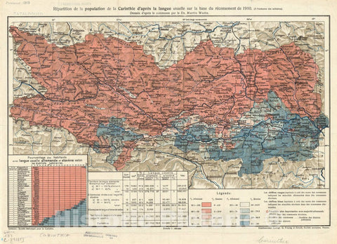 Map : Carinthia, Austria 1918, Repartition de la population de la Carinthie d'apres la langue usuelle sur la base du recensement de 1910 (a l'exclusion des militaires)