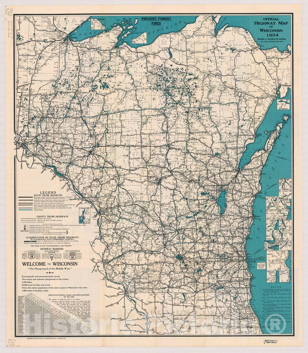 Map : Wisconsin 1934, Official highway map of Wisconsin , Antique Vintage Reproduction