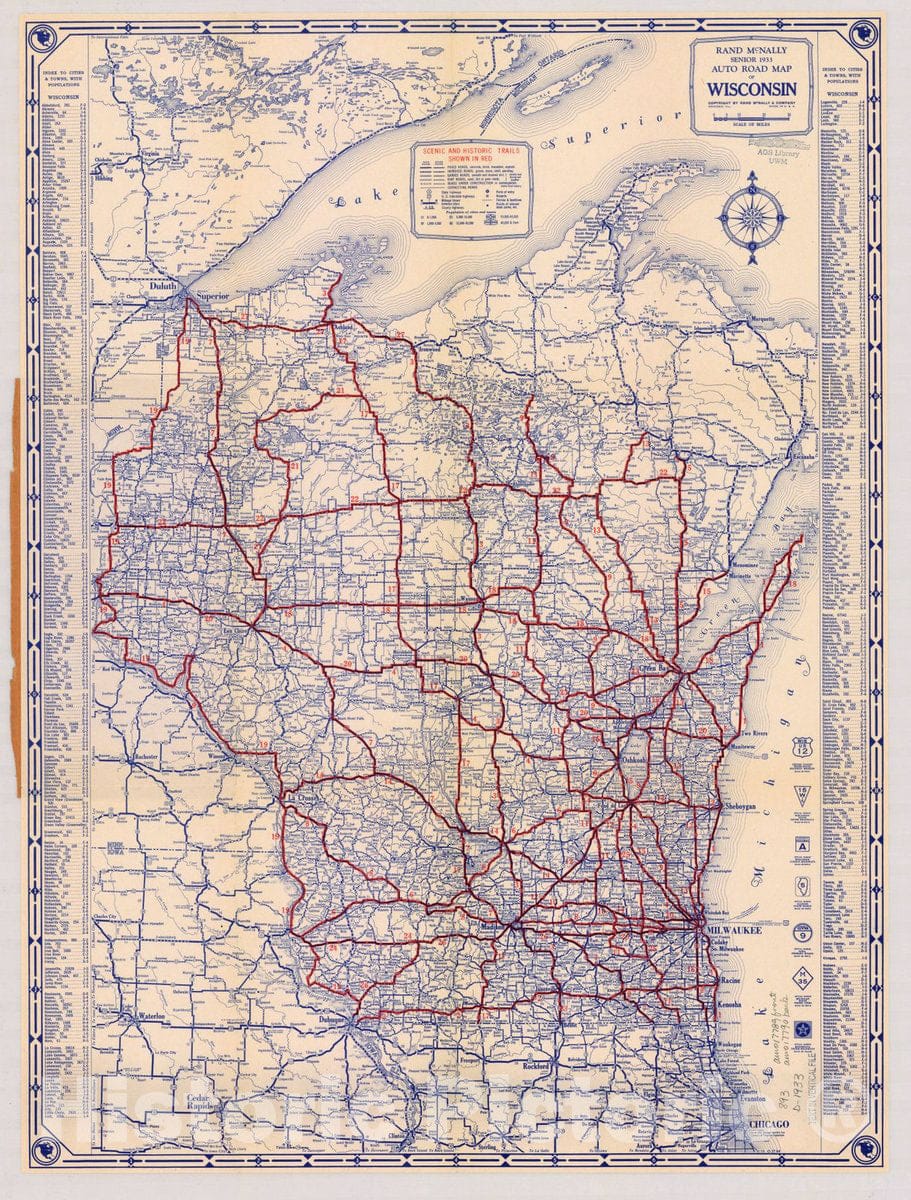 Map : Wisconsin 1933, Rand McNally senior 1933 auto road map of Wisconsin , Antique Vintage Reproduction