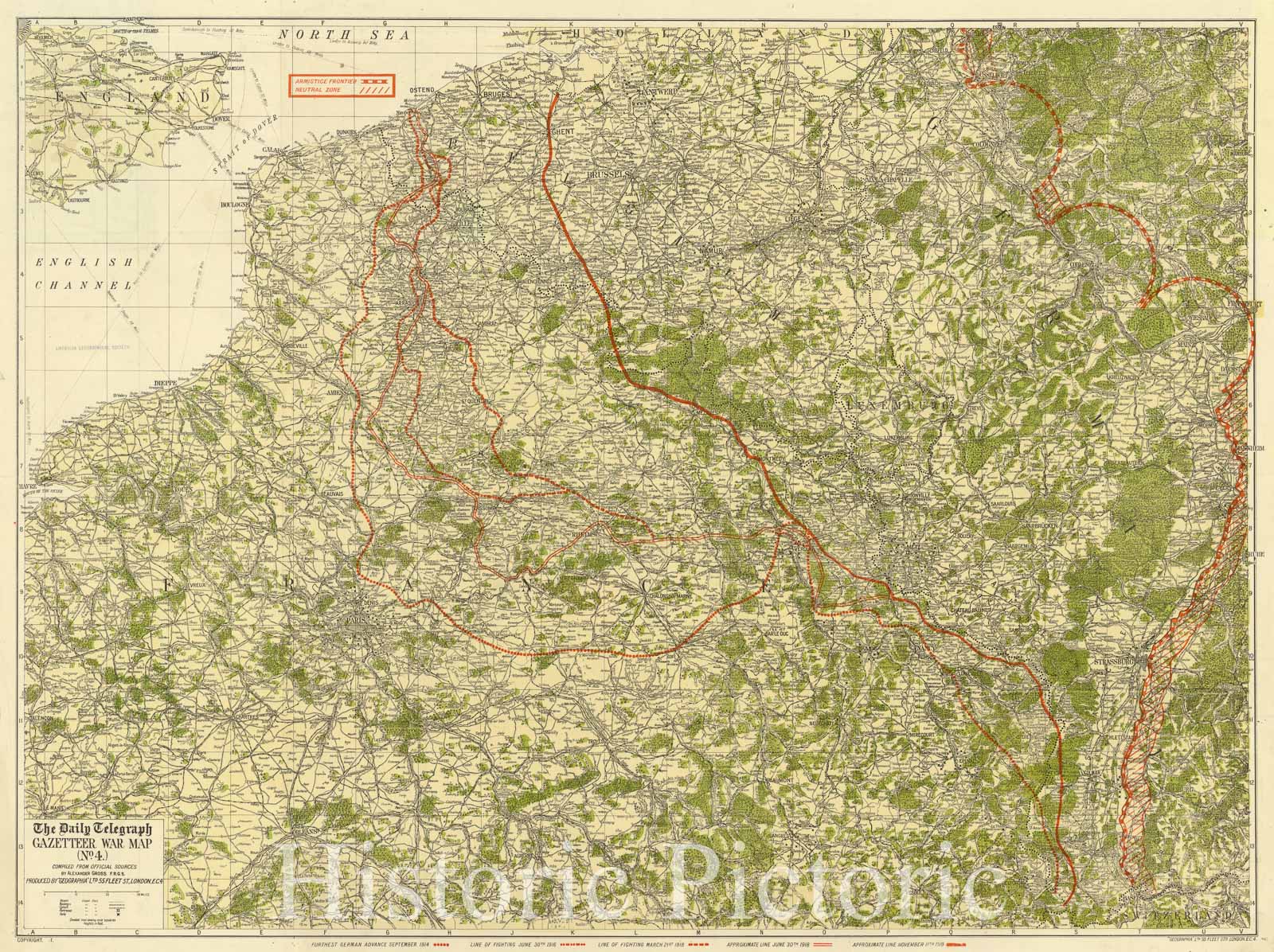Map : France, Belgium, Germany 1918, The Daily telegraph gazetteer war map (no. 4) , Antique Vintage Reproduction