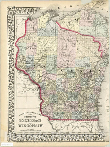Map : Michigan and Wisconsin 1873 2, County and township map of the states of Michigan and Wisconsin , Antique Vintage Reproduction