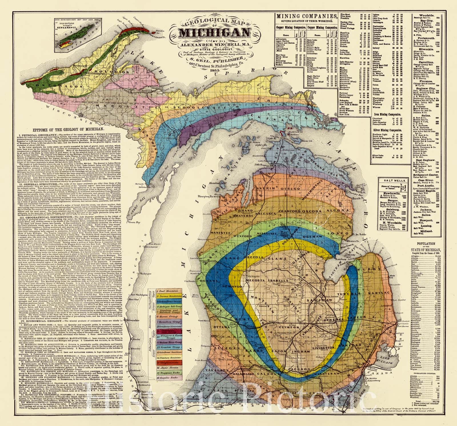 Map : Michigan 1865, Geological map of Michigan , Antique Vintage Reproduction