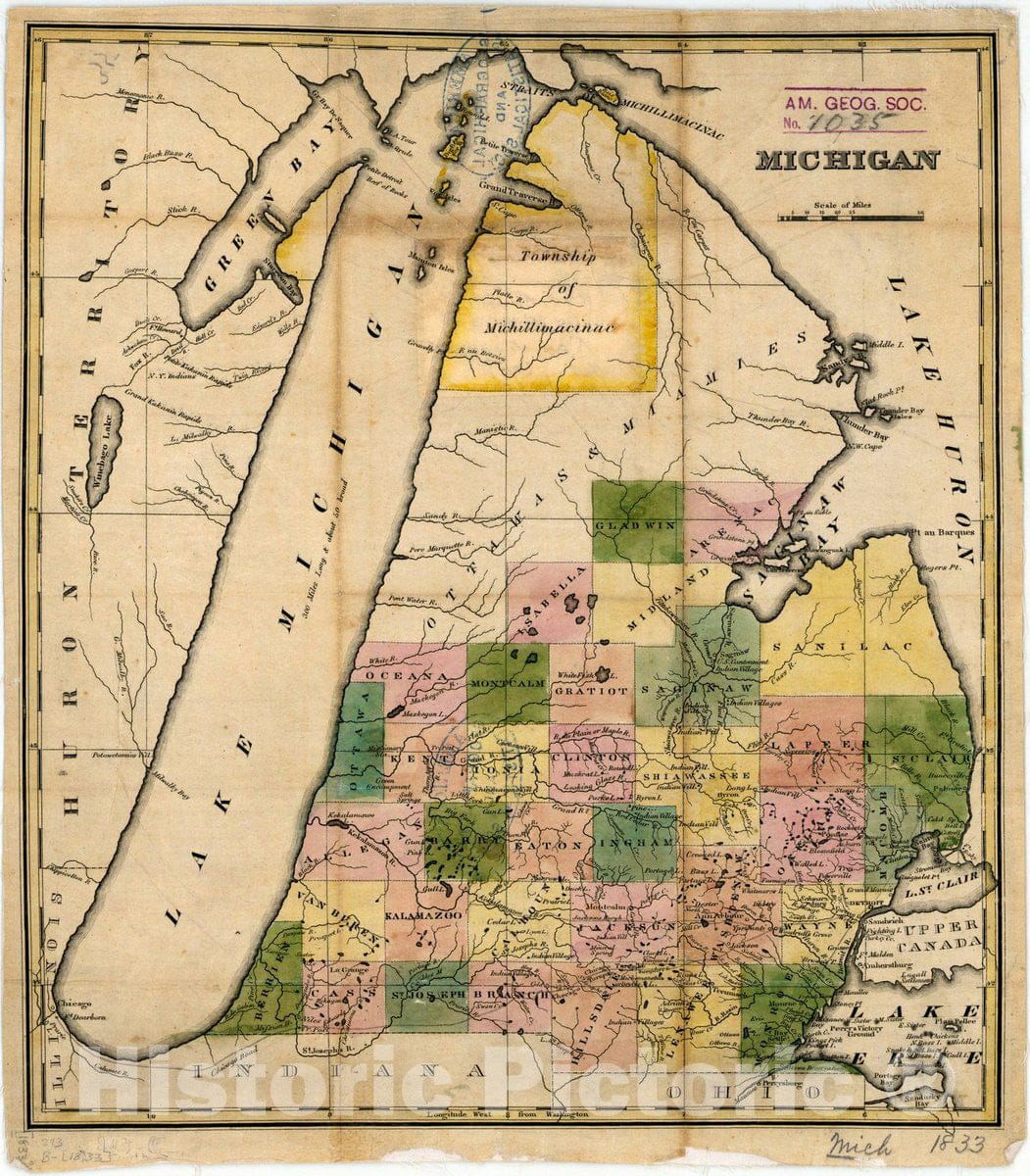 Map : Michigan 1833, Michigan, Antique Vintage Reproduction