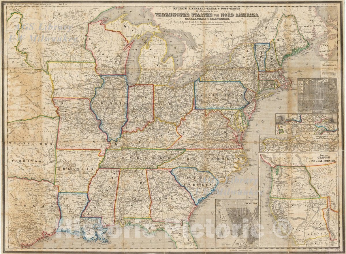Map : United States 1854, Neueste Eisenbahn- Kanal- u. Post-Karte fur Reisende in den Vereinigten Staaten von Nord-Amerika, Canada, Texas u. Californien