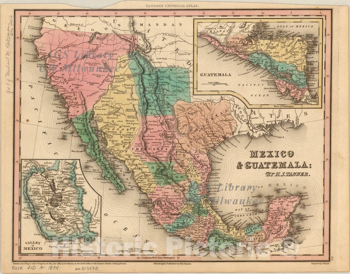 Map : Mexico 1834, Mexico and Guatemala , Antique Vintage Reproduction