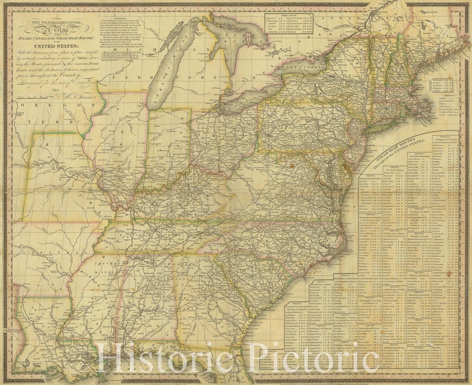 Map : Eastern United States 1825, Map of the roads, canals and steam boat routes of the United States : with the distances from place to place carefully noticed ...