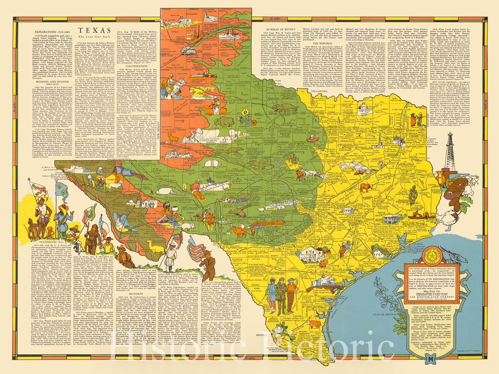 Map : Texas 1938, Texas : the lone star state , Antique Vintage Reproduction