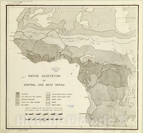 Map : West Africa 1942, Native vegetation of Central and West Africa , Antique Vintage Reproduction