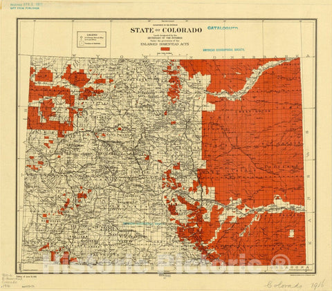 Historic Map : Colorado 1916, State of Colorado : lands designated by the Secretary of the Interior under the provisions of the Enlarged Homestead Acts , Antique Vintage Reproduction