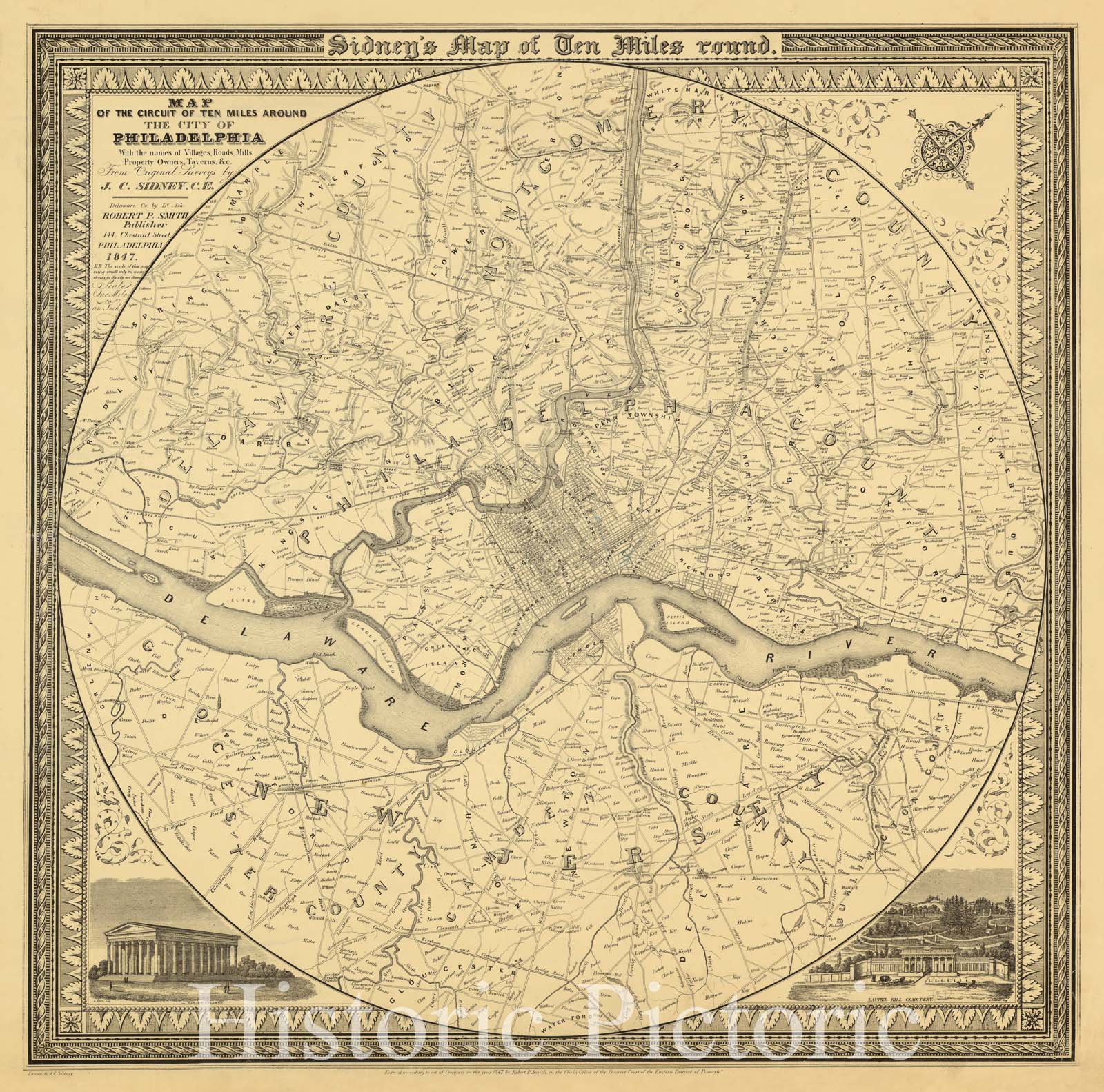Historic Map : Philadelphia, Pennsylvania 1847, Map of the circuit of ten miles around the city of Philadelphia : with the names of villages, roads, mills, property owners, taverns