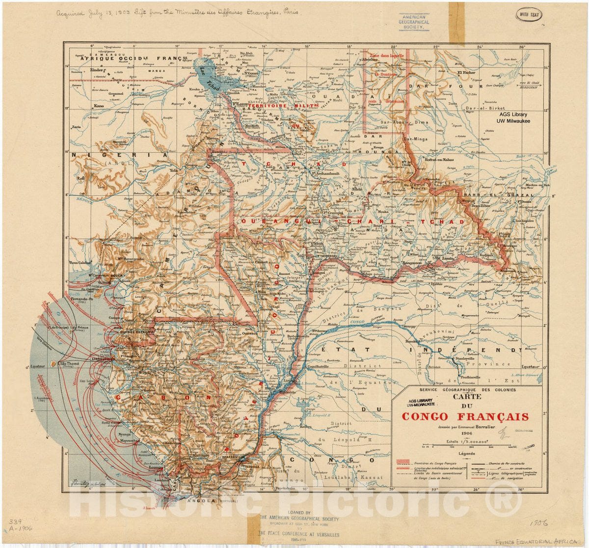 Map : French-speaking Equatorial Africa 1906, Carte du Congo franc?ais , Antique Vintage Reproduction