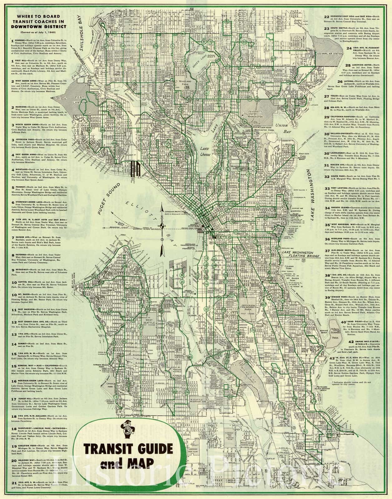 Map : Seattle, Washington 1949, Transit guide and map of city, Seattle Transit System, Antique Vintage Reproduction