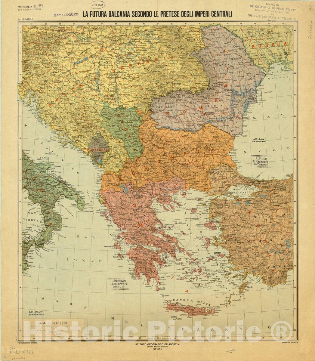 Map : Balkan Peninsula 1914, La futura Balcania secondo le pretese degli imperi centrali , Antique Vintage Reproduction