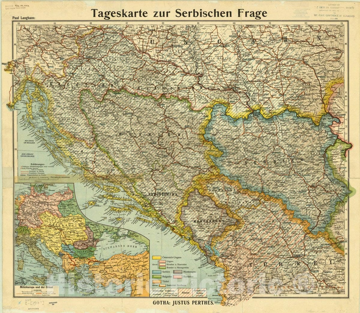 Map : Balkan peninsula 1910, Tageskarte zur Serbischen Frage , Antique Vintage Reproduction