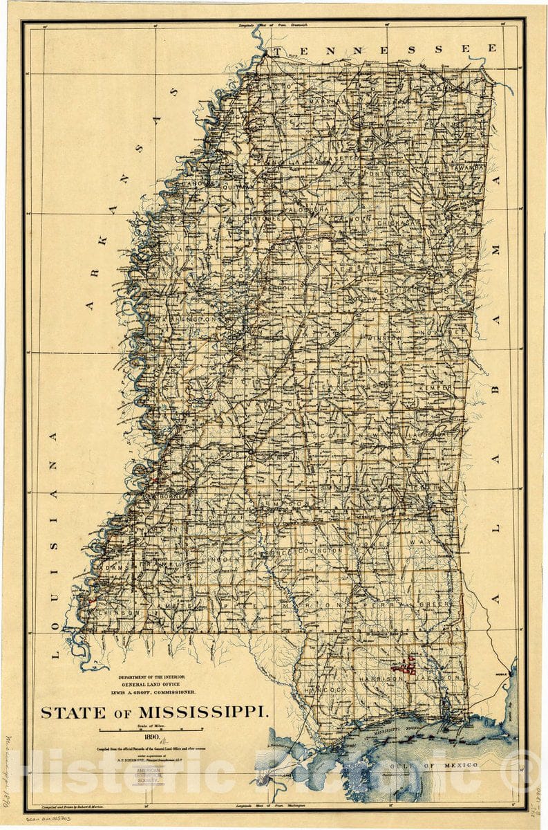 Map : Mississippi 1890, Antique Vintage Reproduction