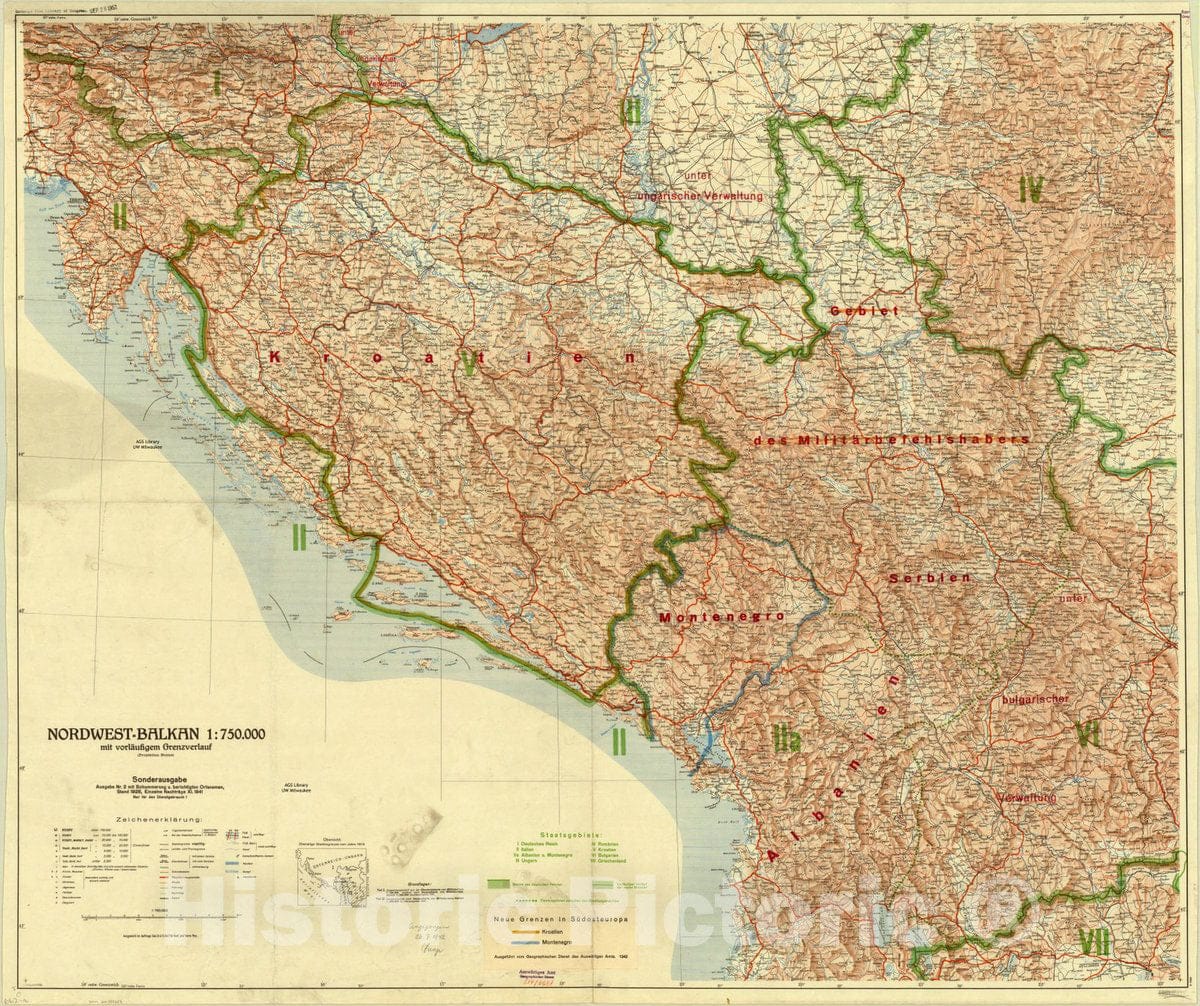 Map : Balkan Peninsula 1942, Nordwest-Balkan mit vorlA?ufigen Grenzverlauf, Antique Vintage Reproduction