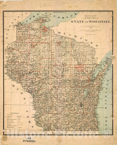 Map : Wisconsin 1878, State of Wisconsin , Antique Vintage Reproduction