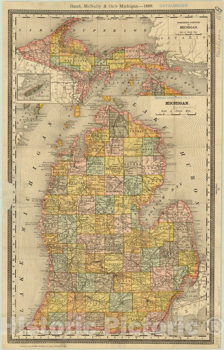 Map : Michigan 1888, Rand, McNally & Co.'s Michigan - 1889, Antique Vintage Reproduction