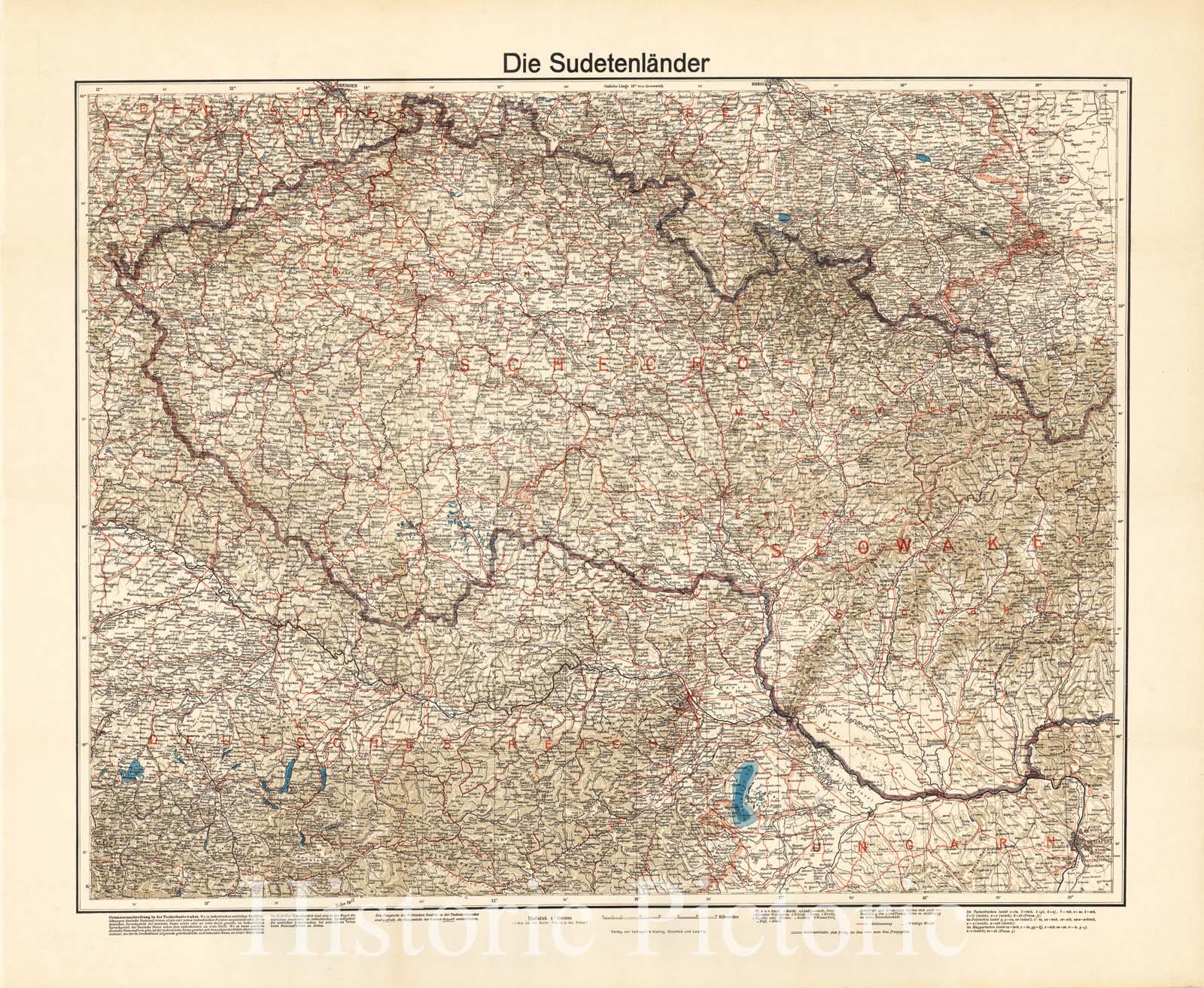 Map : Sudetenland (Czech Republic) 1938, Die Sudetenlander , Antique Vintage Reproduction