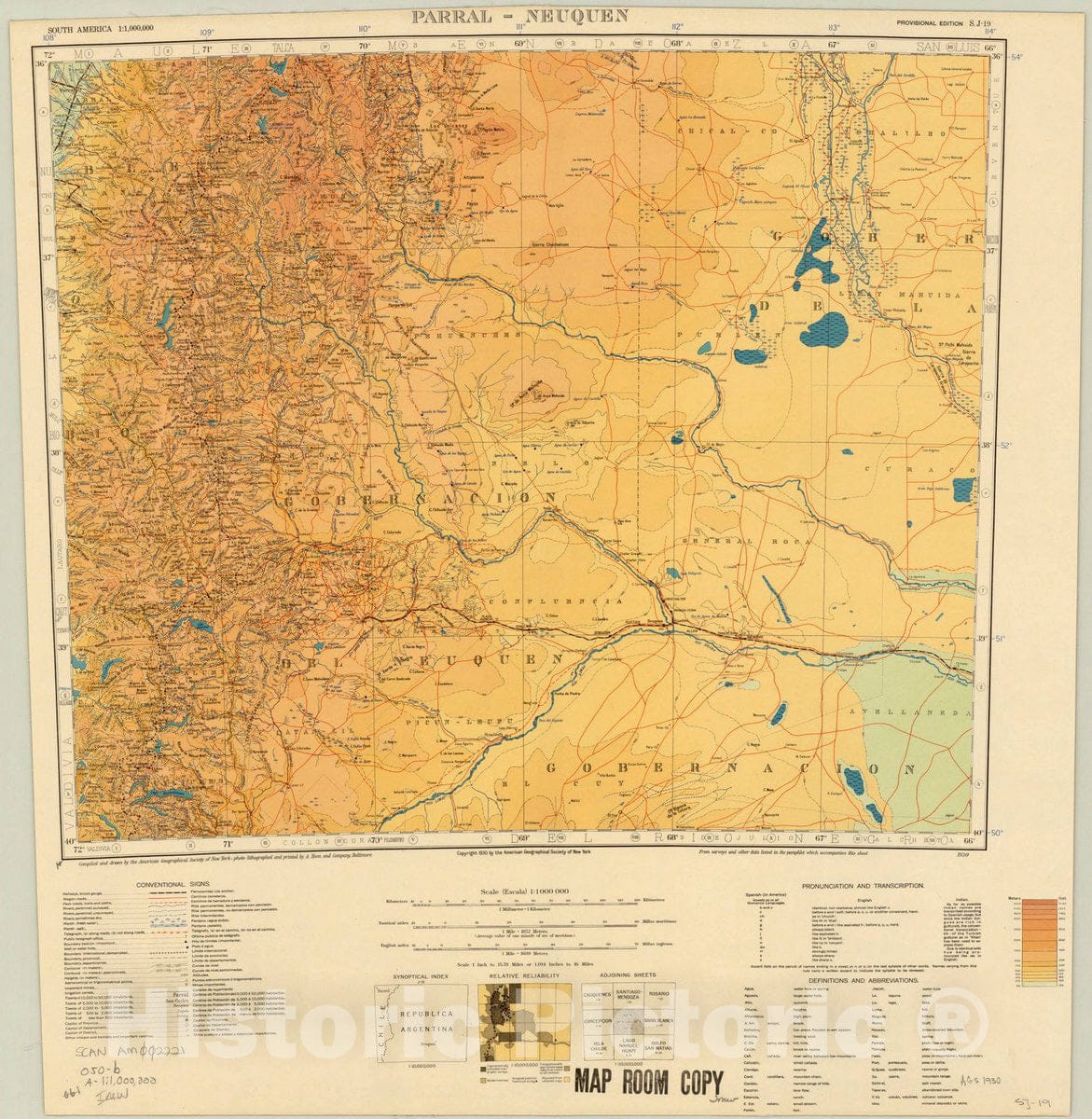 Map : Parral-Neuquen, Argentina 1930, Map of Hispanic America, Antique Vintage Reproduction