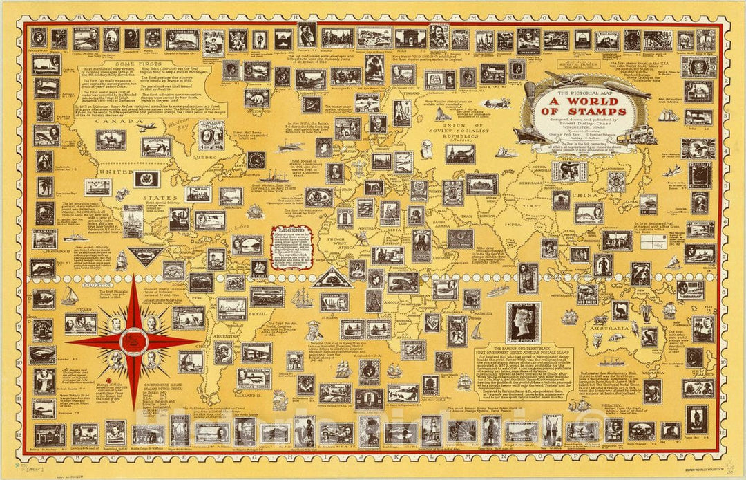 Map : World map 1947, The pictorial map, a world of stamps , Antique Vintage Reproduction