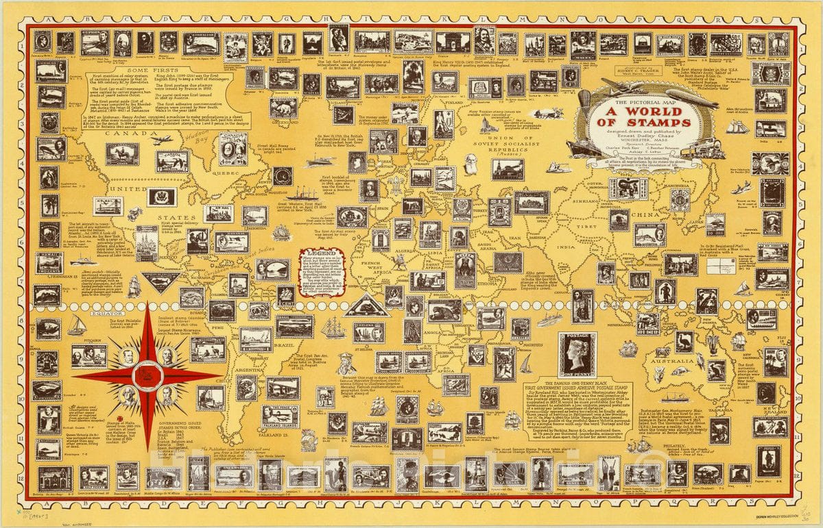 Map : World map 1947, The pictorial map, a world of stamps , Antique Vintage Reproduction