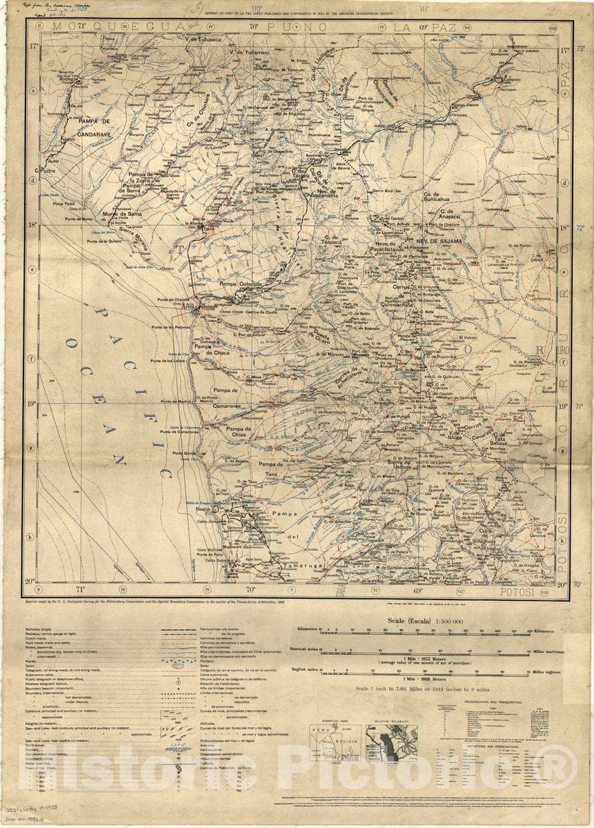 Map : Tacna-Arica, Bolivia 1925, Reprint of part of La Paz sheet published and copyrighted in 1922 by the American Geographical Society , Antique Vintage Reproduction