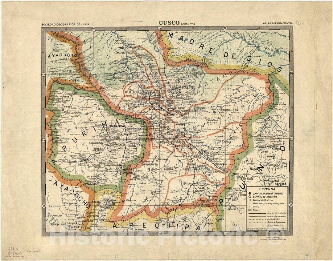 Map : Cuzco, Peru 1921, Atlas Departamental [del Peru?]. Cusco carta no. 2 , Antique Vintage Reproduction