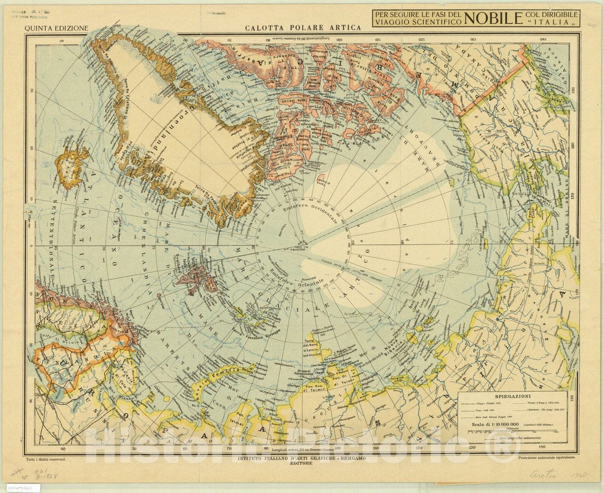 Historic Map : Arctic 1928, L'Italia al Polo Nord carta dimostrativa per seguire il volo scientifico del Generale Nobile sulla Calotta Polare Artica, Antique Vintage Reproduction