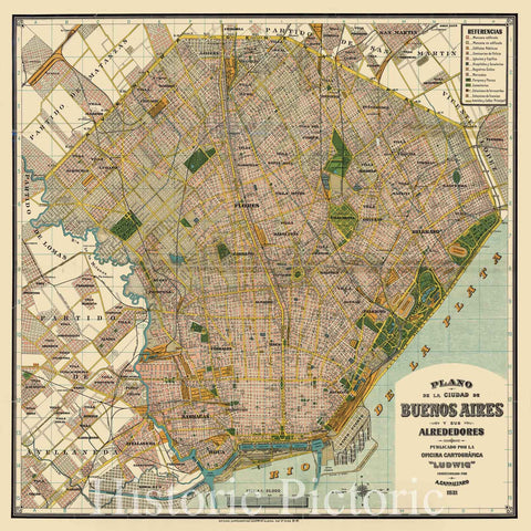 Map : Buenos Aires, Argentina 1921, Plano de la Ciudad de Buenos Aires y sus alrededores , Antique Vintage Reproduction