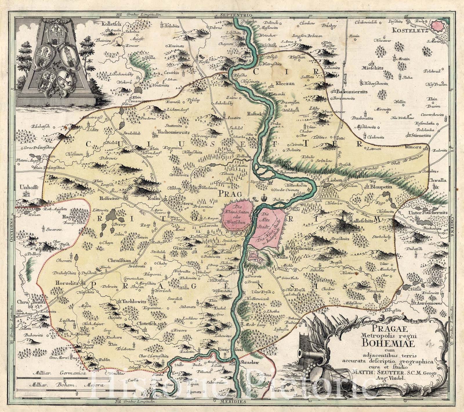 Map : Prague, Czech Republic 1740, Pragae metropolis regni Bohemi?cum adjacentibus terris accurata descriptio geographica , Antique Vintage Reproduction
