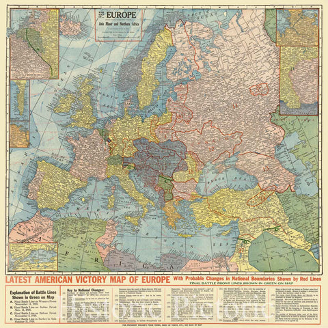 Map : Europe 1918, War map of Europe, Asia minor and northern Africa (except extreme eastern part of Russia) , Antique Vintage Reproduction