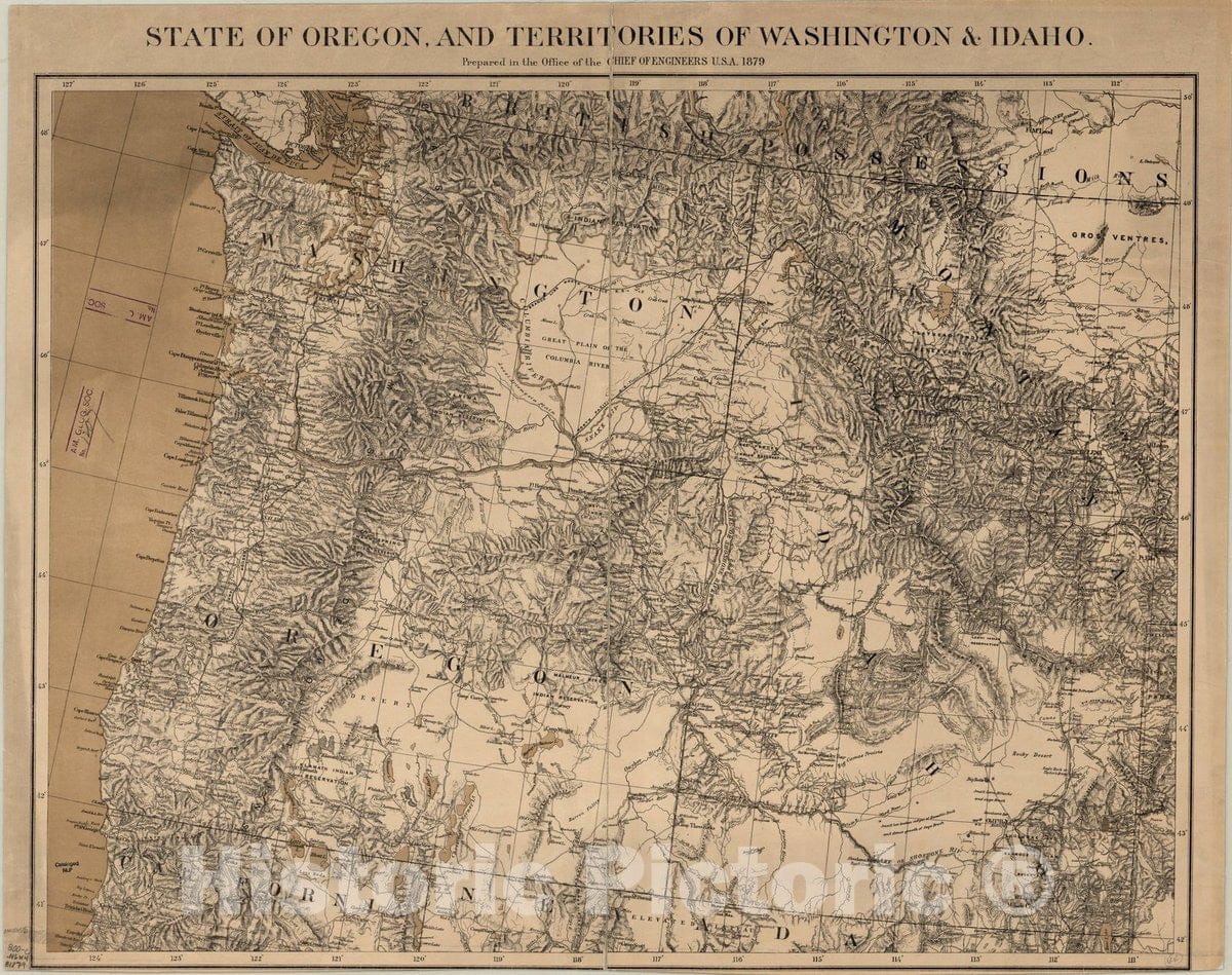 Map : Oregon, Washington & Idaho 1879, State of Oregon and territories of Washington and Idaho , Antique Vintage Reproduction