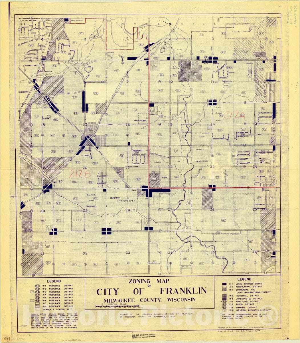 Map : Franklin, Milwaukee County, Wisconsin 1963, Zoning map of City of Franklin, Milwaukee County, Wisconsin , Antique Vintage Reproduction