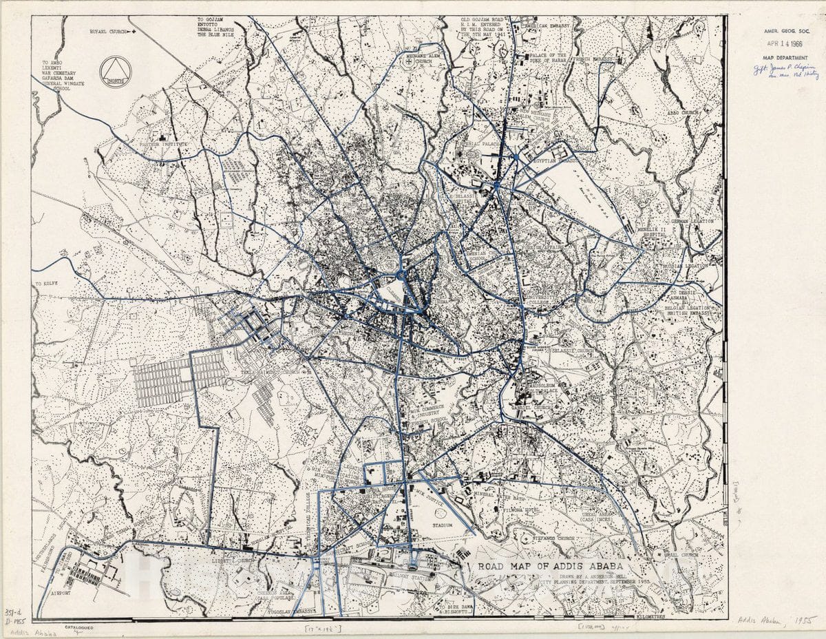 Map : Addis Ababa, Ethiopia 1955, Road map of Addis Ababa , Antique Vintage Reproduction