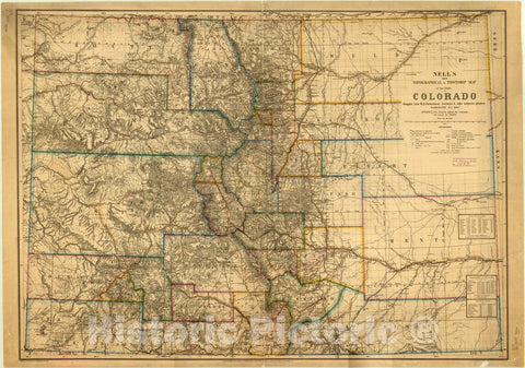 Map : Colorado 1880, Nell's new topographical & township map of the state of Colorado , Antique Vintage Reproduction
