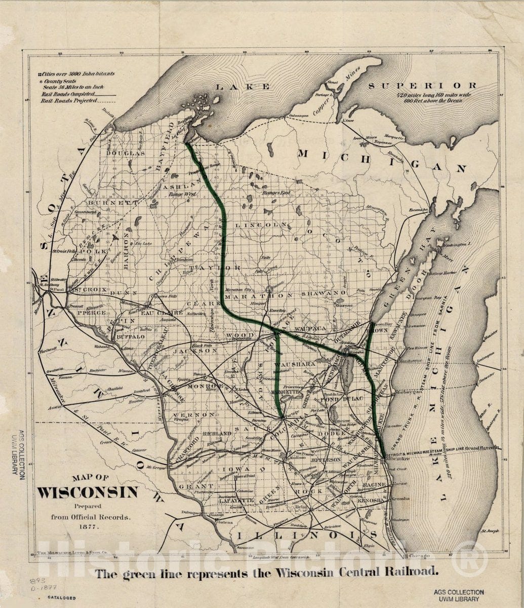 Map : Wisconsin 1877, Map of Wisconsin , Antique Vintage Reproduction
