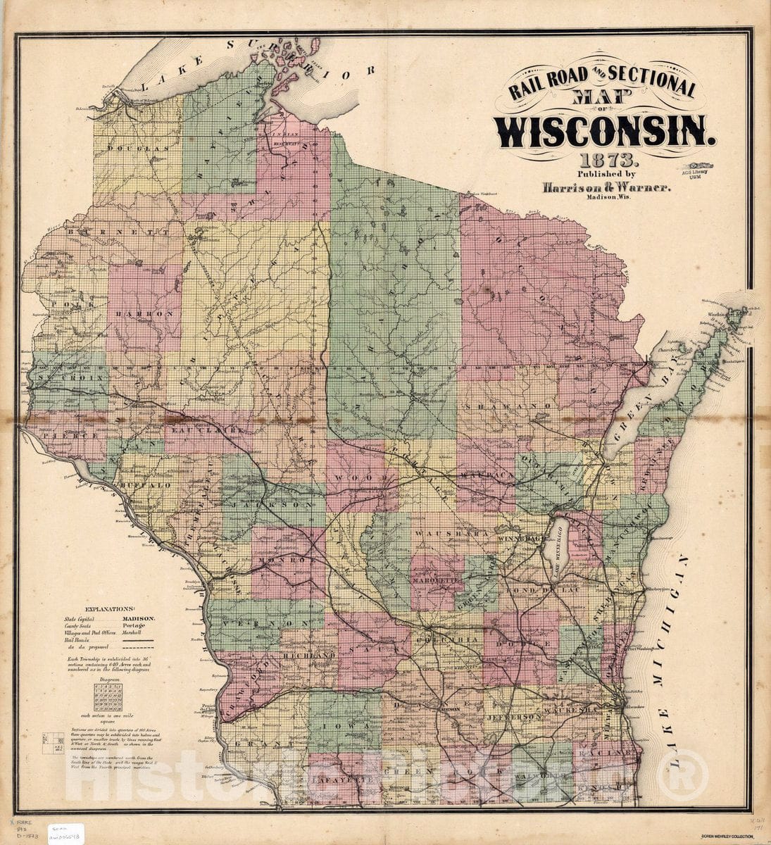 Map : Wisconsin 1873 2, Railroad and sectional map of Wisconsin, 1873 , Antique Vintage Reproduction
