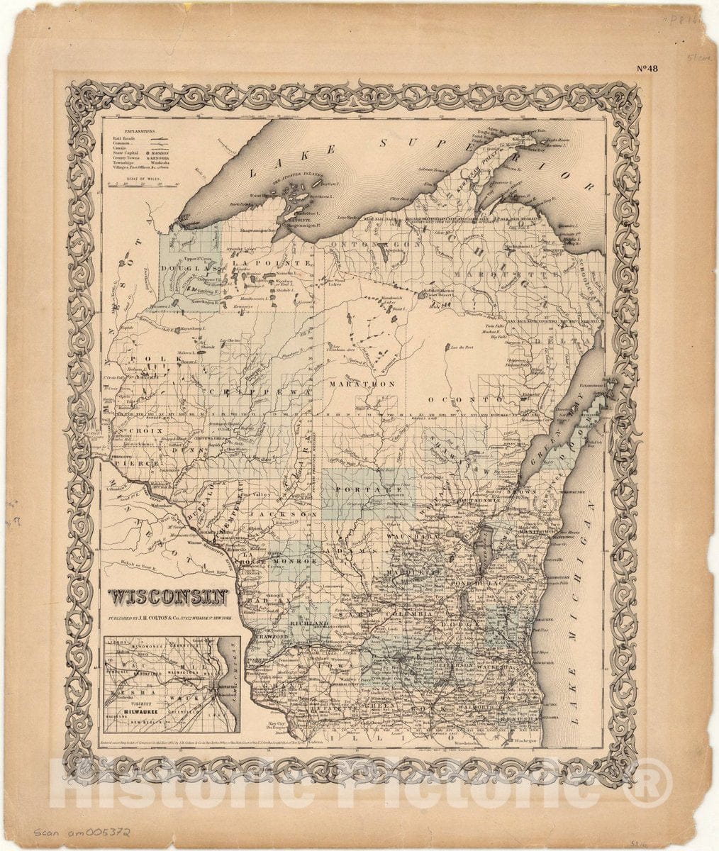 Map : Wisconsin 1855, Wisconsin , Antique Vintage Reproduction