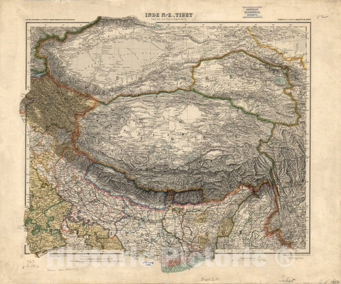 Map : Asia 1912, Inde N. - E., Tibet, Asie en dix feuilles, feuille vii , Antique Vintage Reproduction
