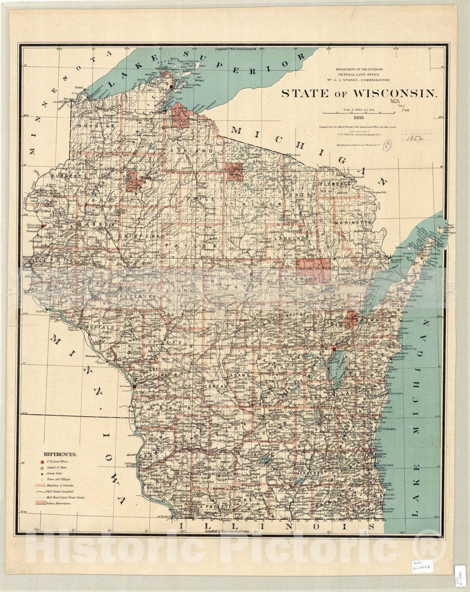 Map : Wisconsin 1886, Map of the state of Wisconsin 1886 , Antique Vintage Reproduction