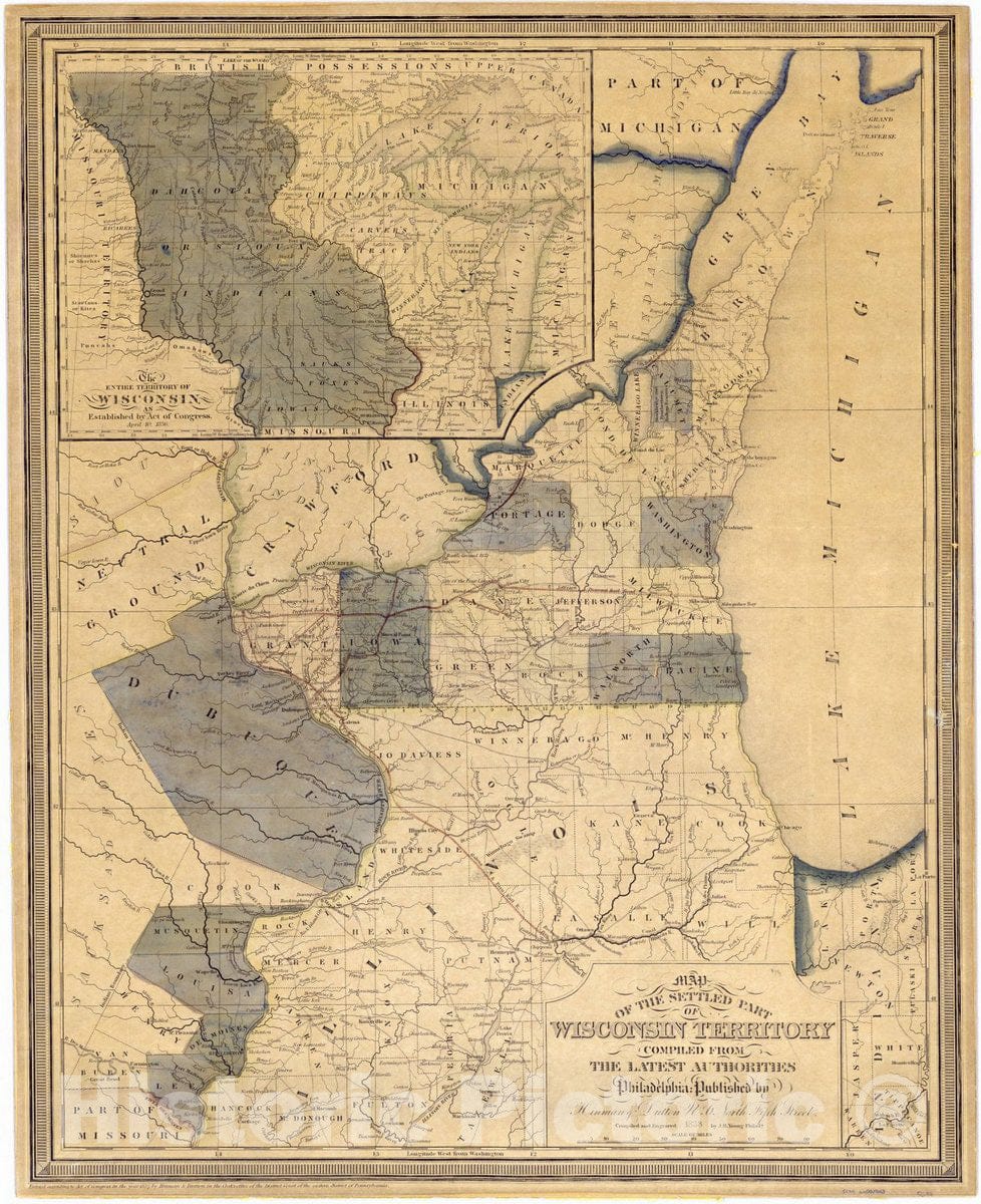 Map : Wisconsin 1838 2, Map of the settled part of Wisconsin Territory , Antique Vintage Reproduction