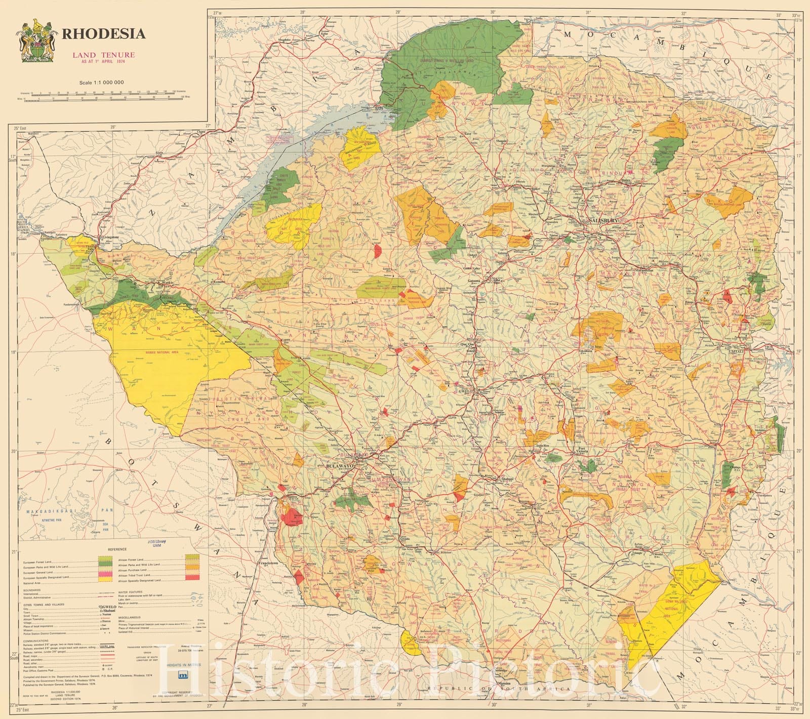 Map : Zimbabwe 1974, Rhodesia : Land tenure as at 1st April, 1974, Antique Vintage Reproduction