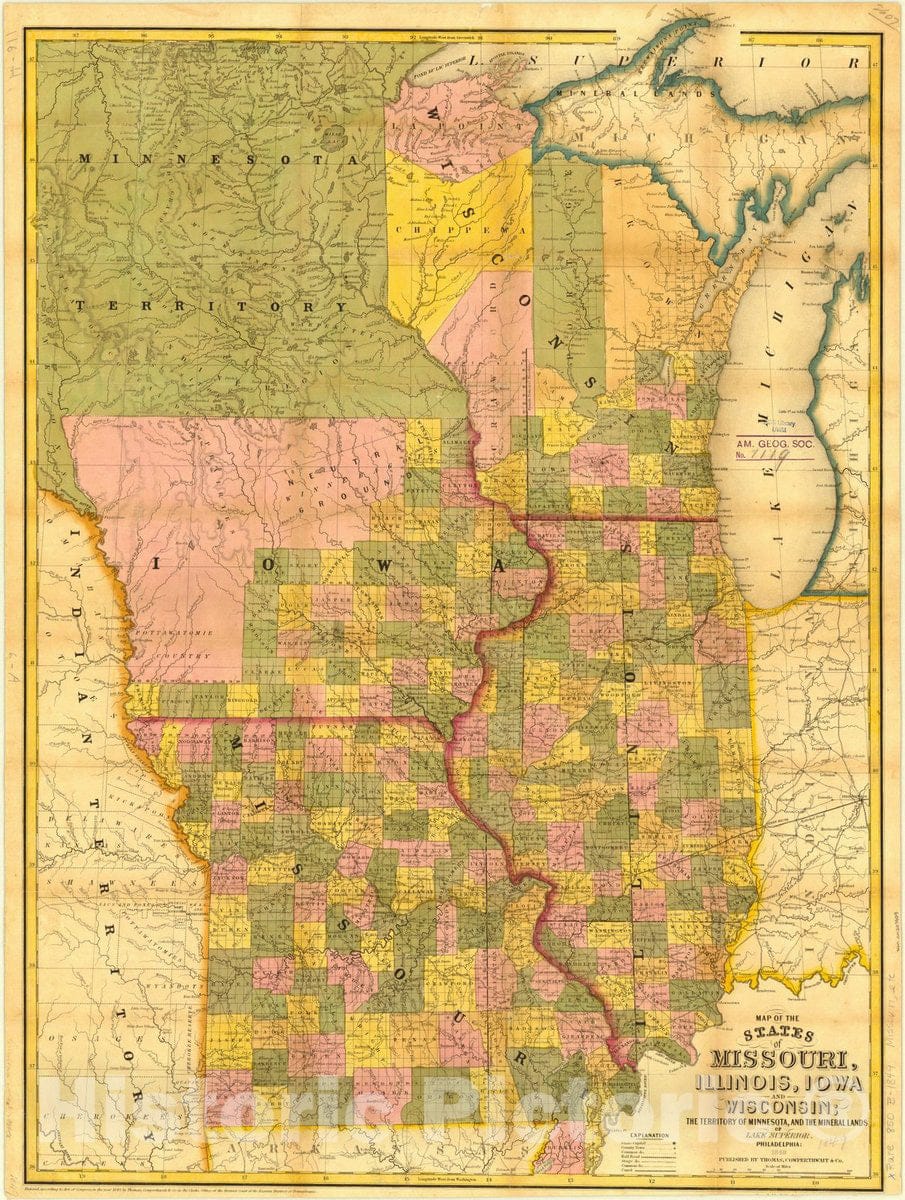 Map : Missouri, Illinois, Iowa, Wisconsin and Minnesota Territory 1849, Antique Vintage Reproduction