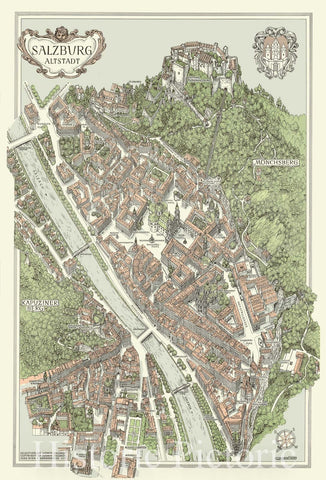 Map : Salzburg, Austria 1969, Salzburg Altstadt, Antique Vintage Reproduction