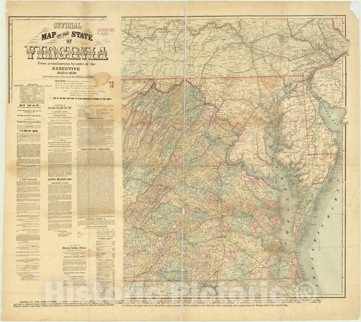 Historic Map : Virginia 1861, Official map of the state of Virginia : from actual surveys by order of the executive, 1828 & 1859 [eastern half of map], Antique Vintage Reproduction