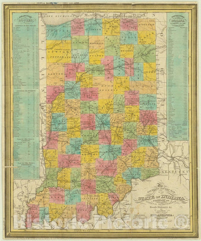 Map : Indiana 1836, The tourist's pocket map of the state of Indiana : exhibiting its internal improvements, roads, distances & c , Antique Vintage Reproduction
