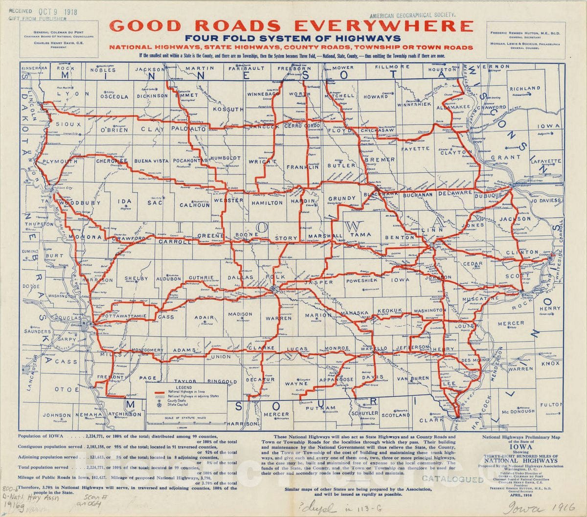 Map : Iowa 1916, National highways preliminary map of the state of Iowa : showing thirty-eight hundred miles of national highways, Antique Vintage Reproduction