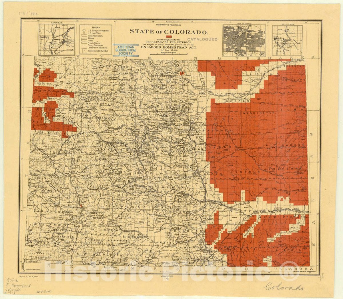 Map : Colorado 1912, State of Colorado : lands designated by the Secretary of the Interior as subject to entry under the provisions of the Enlarged Homestead Act