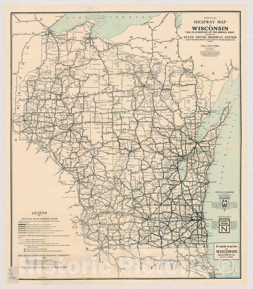 Map : Wisconsin 1924, Official highway map of Wisconsin : |"|"The playground of the middle west|"|" , Antique Vintage Reproduction